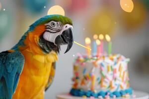 Colorful Parrot at a Birthday Celebration With Cake and Candles photo