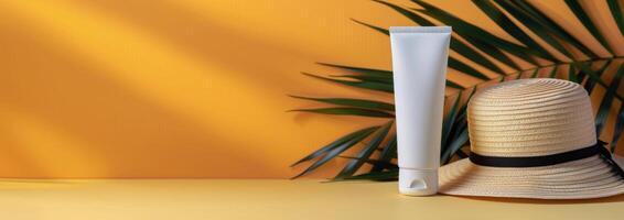 Sun Care Essentials With Straw Hat and Green Leaf on Vibrant Orange Background photo