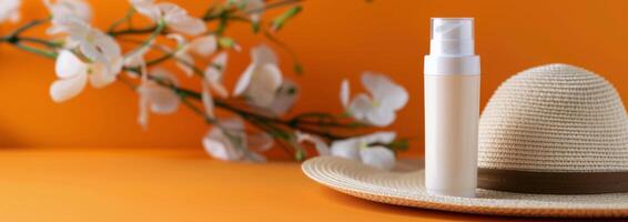 Sun Care Essentials With Straw Hat and Green Leaf on Vibrant Orange Background photo
