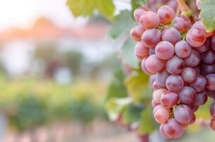 Fresh Grapes Hanging on Vine at Sunrise in a Vineyard photo