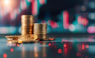 Stacked Gold Coins on Dark Background With Financial Graph in Soft Focus photo
