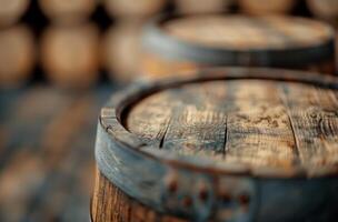 Wooden Barrels In a Rustic Distillery Setting photo