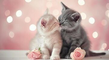 Two Adorable Kittens Snuggling Together in a Soft Floral Setting photo