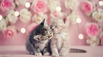 Two Adorable Kittens Snuggling Together in a Soft Floral Setting photo