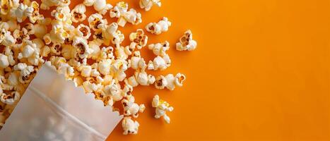 Freshly Popped Popcorn Spread Across Bright Yellow Background photo