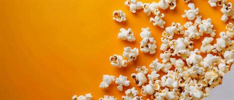 Freshly Popped Popcorn Spread Across Bright Yellow Background photo