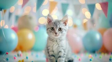 Playful Kitten Surrounded by Colorful Balloons at a Celebration photo