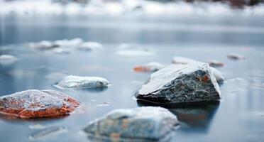 Frozen Rocks on a Still Lake During Winter photo