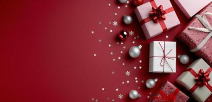Colorful Gifts Wrapped With Ribbons on a Red Background photo