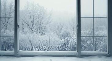 Snow-Covered Trees and Frosted Landscape in Winter Morning Light photo