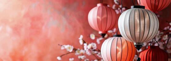 Elegant Arrangement of Lanterns and Blossoms in a Coral Background photo