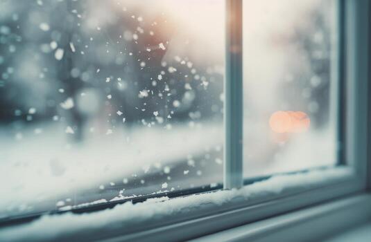 Snow Falling Gently Outside a Window During Winter Morning photo