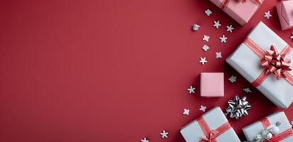 Colorful Gifts Wrapped With Ribbons on a Red Background photo