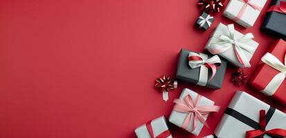 Colorful Gifts Wrapped With Ribbons on a Red Background photo