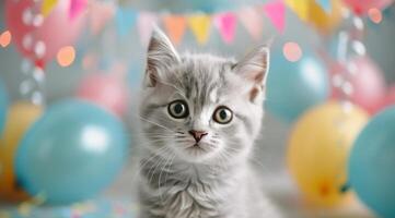 Playful Kitten Surrounded by Colorful Balloons at a Celebration photo