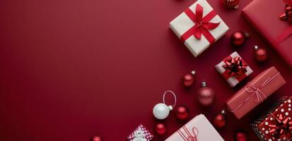 Colorful Gifts Wrapped With Ribbons on a Red Background photo