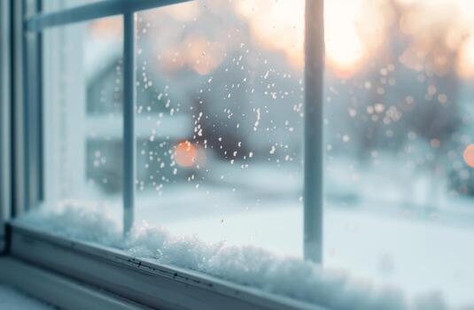 Snow Falling Gently Outside a Window During Winter Morning photo