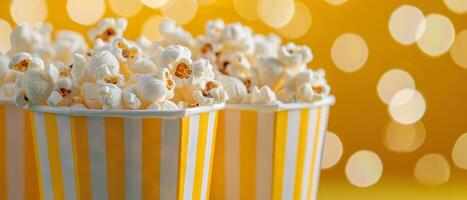 Freshly Popped Popcorn in Red Striped Container on White Surface With Soft Bokeh Lights photo