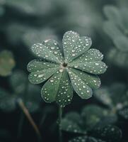 Close-Up of Dew-Kissed Four-Leaf Clover in a Lush Green Field at Dawn photo