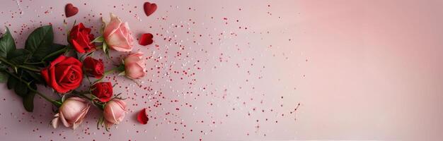 Bouquet of Pink and Red Roses Surrounded by Heart-Shaped Petals on Soft Background photo