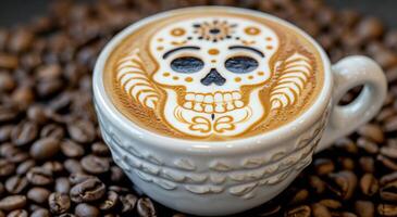 Skull Latte Art on Coffee Displayed With Coffee Beans photo