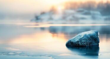 Snow-Covered Rock on Calm Lake at Sunrise in Winter photo