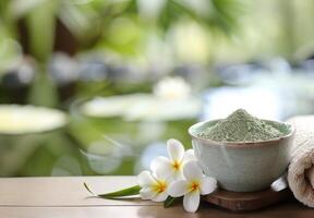 Natural Clay Powder With Flower Accents on a Soft Towel in a Calm Environment photo