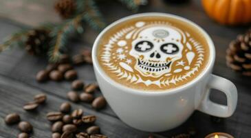 Skull Latte Art on Coffee Displayed With Coffee Beans photo