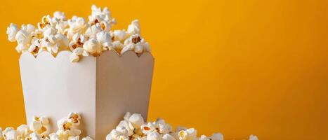 Freshly Popped Popcorn in a Striped Box Against a Bright Yellow Background photo