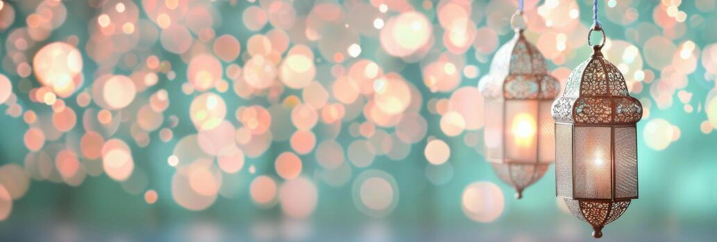 Decorative Lanterns Hang Among Blossoming Branches In Soft Light photo