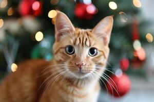 Curious Orange Cat Posing Near Christmas Tree With Colorful Ornaments photo