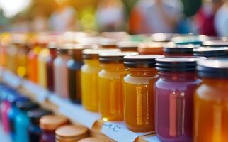 Colorful Jars of Homemade Preserves Displayed at a Sunset Market photo