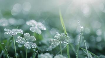 Dew-Kissed Clover Leaves in a Rainy Field at Dawn photo