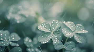 Dew-Kissed Clover Leaves in a Rainy Field at Dawn photo