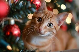 Curious Orange Cat Posing Near Christmas Tree With Colorful Ornaments photo