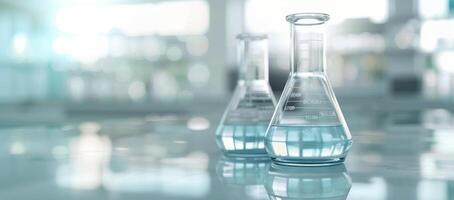 Glass Laboratory Beakers With Clear Liquid on Table in Modern Research Facility photo