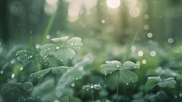 Dew-Kissed Clover Leaves in a Rainy Field at Dawn photo