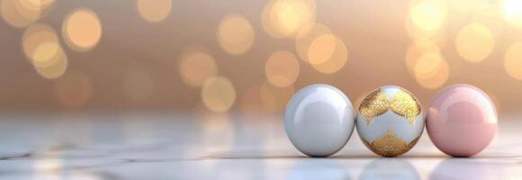 Decorative Easter Eggs on a Table With Glittering Background photo