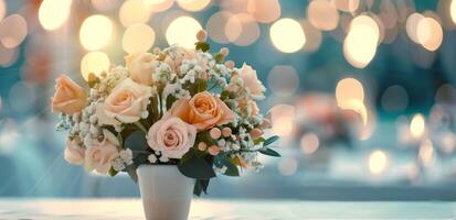 Elegant Floral Arrangement in a Softly Lit Venue With Bokeh Background photo