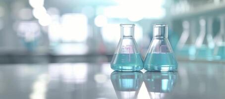 Glass Laboratory Beakers With Clear Liquid on Table in Modern Research Facility photo