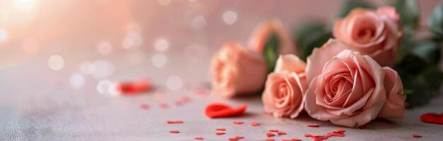 Delicate Pink Roses Surrounded by Petals on a Soft Pink Background photo