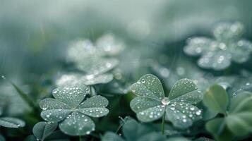 Dew-Kissed Clover Leaves in a Rainy Field at Dawn photo