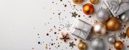 Festive Ornaments and Gifts on a Bright Surface During Holiday Season photo