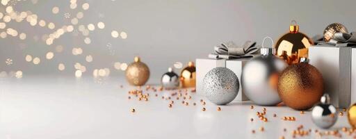 Festive Ornaments and Gifts on a Bright Surface During Holiday Season photo