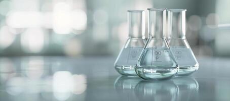 Glass Laboratory Beakers With Clear Liquid on Table in Modern Research Facility photo