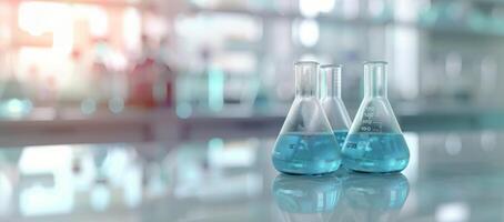 Glass Laboratory Beakers With Clear Liquid on Table in Modern Research Facility photo