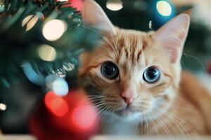 Curious Orange Cat Posing Near Christmas Tree With Colorful Ornaments photo