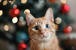 Curious Orange Cat Posing Near Christmas Tree With Colorful Ornaments photo