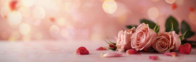Delicate Pink Roses Surrounded by Petals on a Soft Pink Background photo