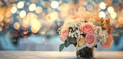 Elegant Floral Arrangement in a Softly Lit Venue With Bokeh Background photo
